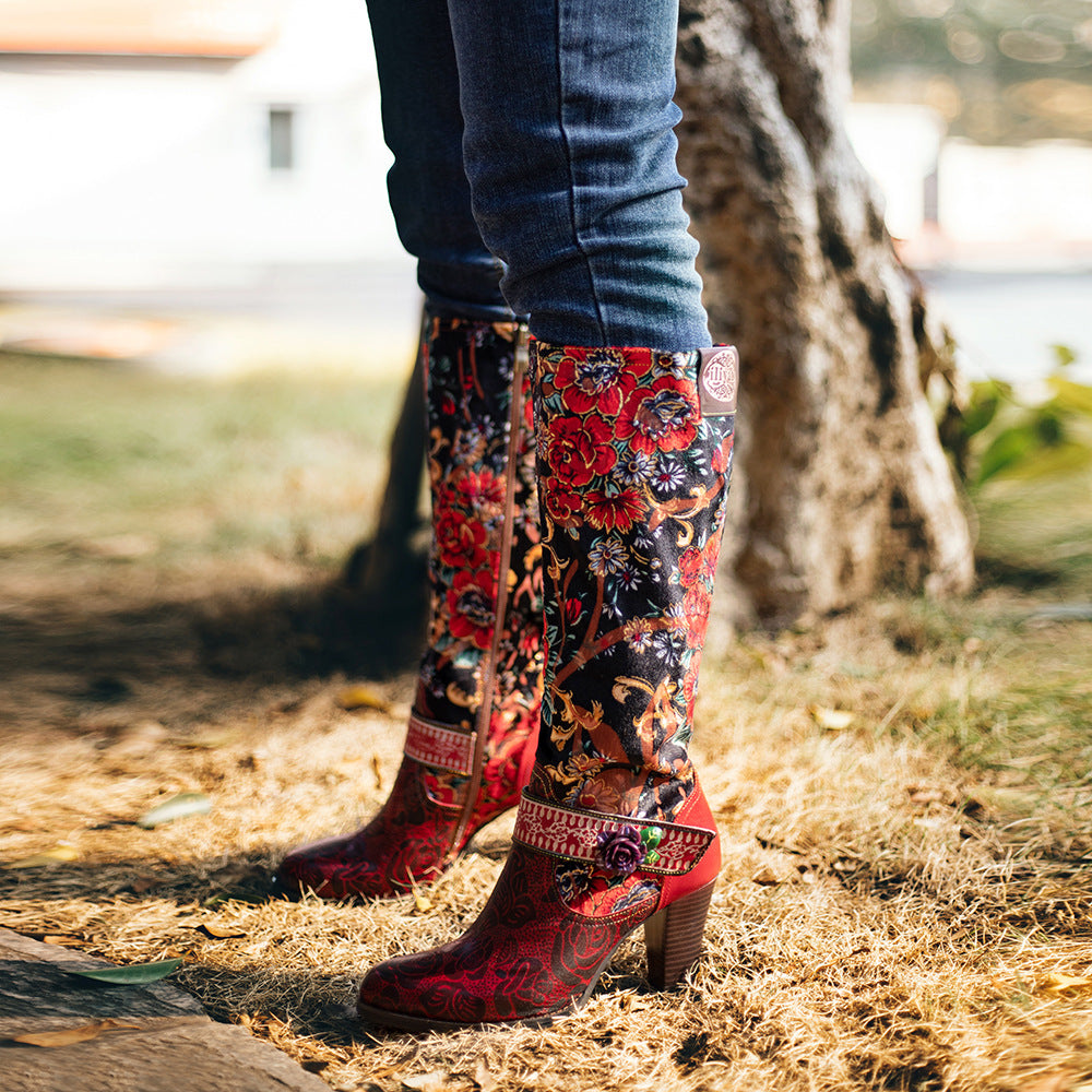 Women's red floral print cowboy boots & leather embroidery mid heel boots