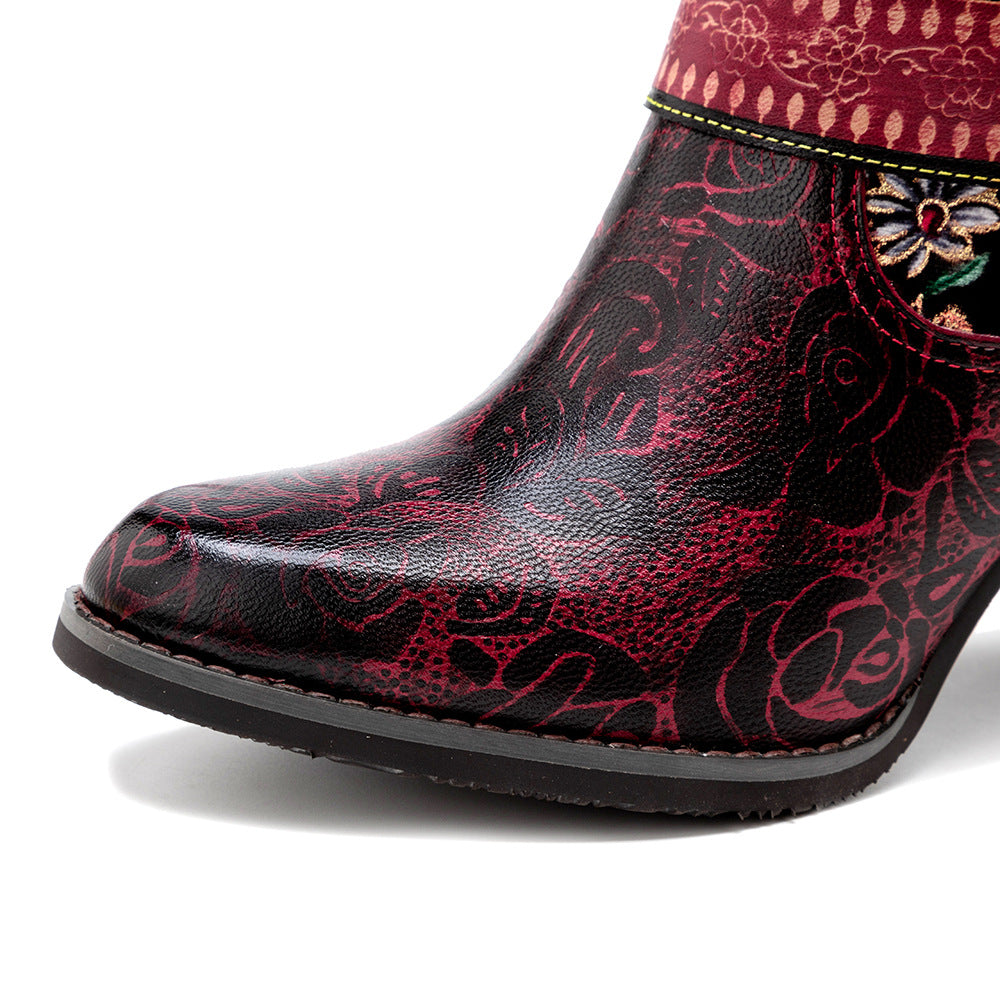 Women's red floral print cowboy boots & leather embroidery mid heel boots