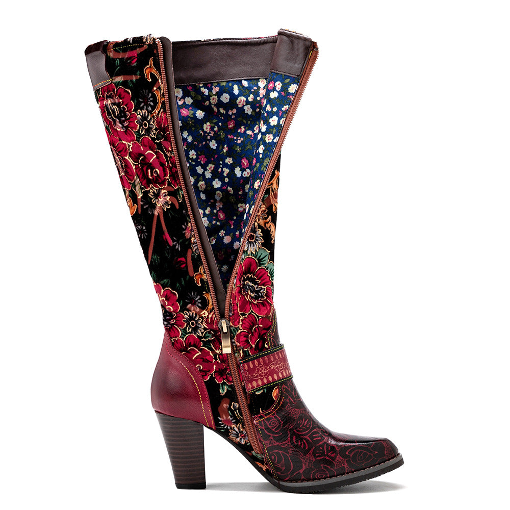Women's red floral print cowboy boots & leather embroidery mid heel boots