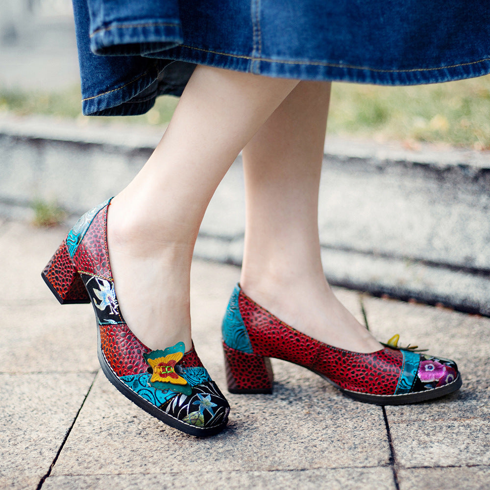 Vintage butterfly & low heel leather slip on pumps shoes for women