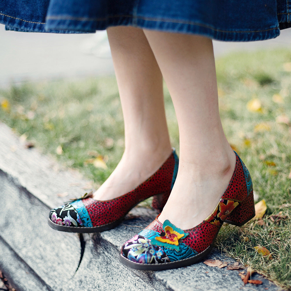 Vintage butterfly & low heel leather slip on pumps shoes for women