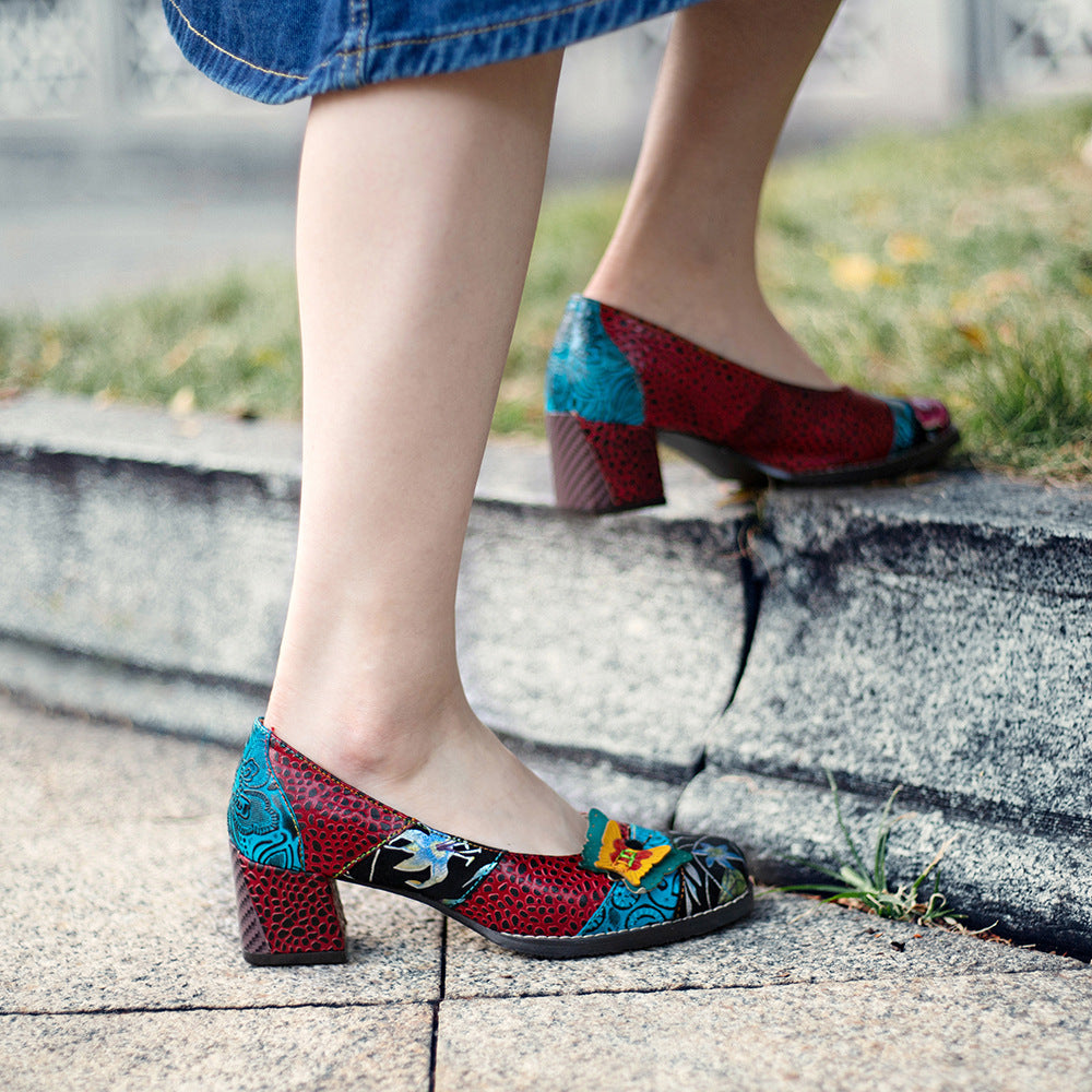 Vintage butterfly & low heel leather slip on pumps shoes for women