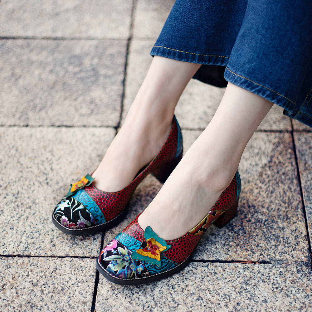 Vintage butterfly & low heel leather slip on pumps shoes for women