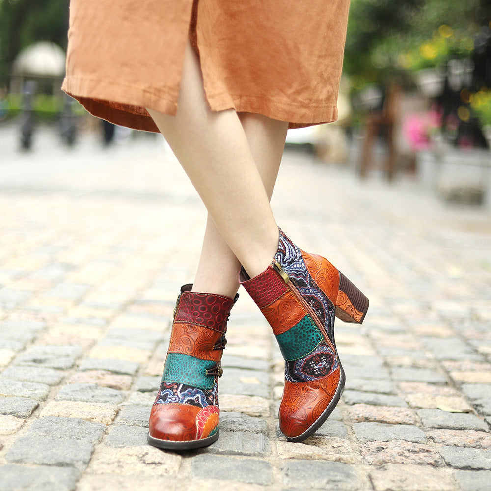 Patchwork boohoo western jacqurard vintage leather ankle boots for women