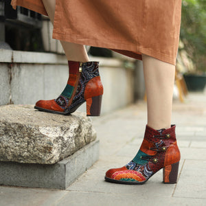 Patchwork boohoo western jacqurard vintage leather ankle boots for women