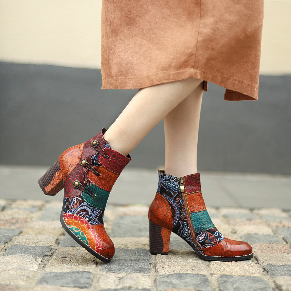 Patchwork boohoo western jacqurard vintage leather ankle boots for women