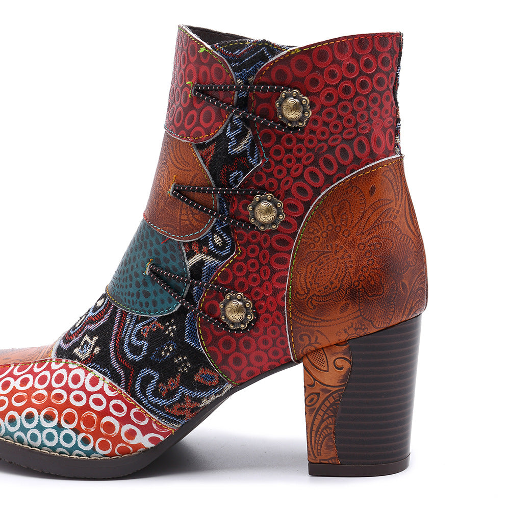 Patchwork boohoo western jacqurard vintage leather ankle boots for women