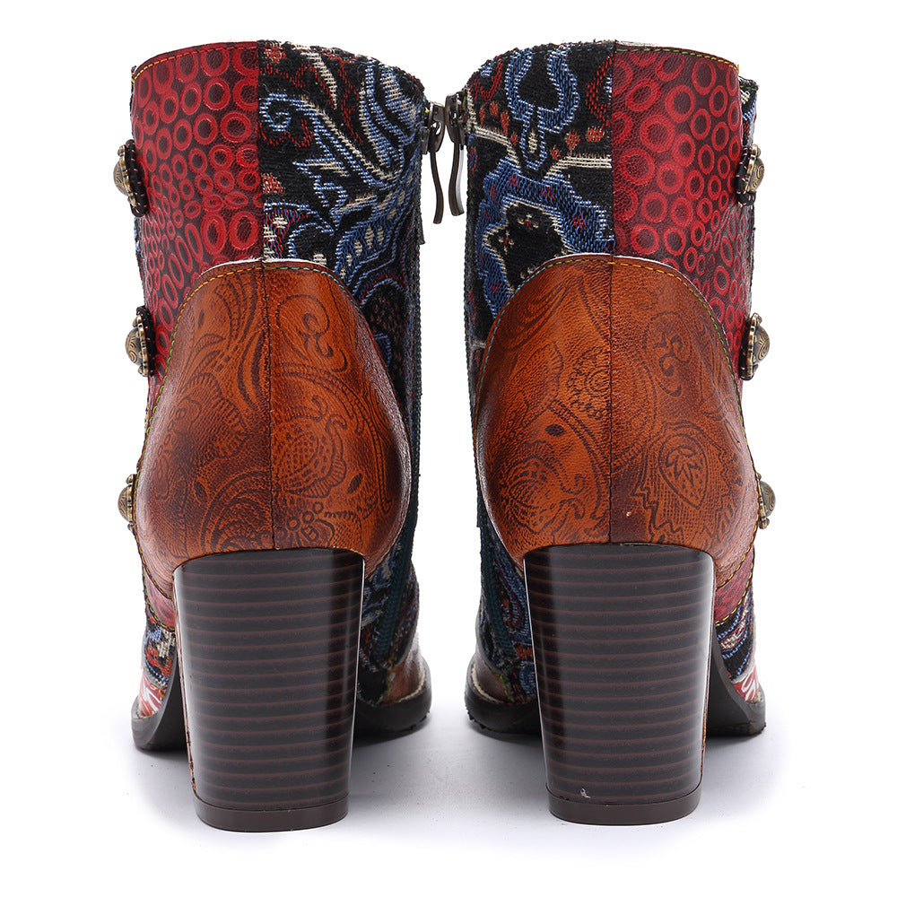Patchwork boohoo western jacqurard vintage leather ankle boots for women
