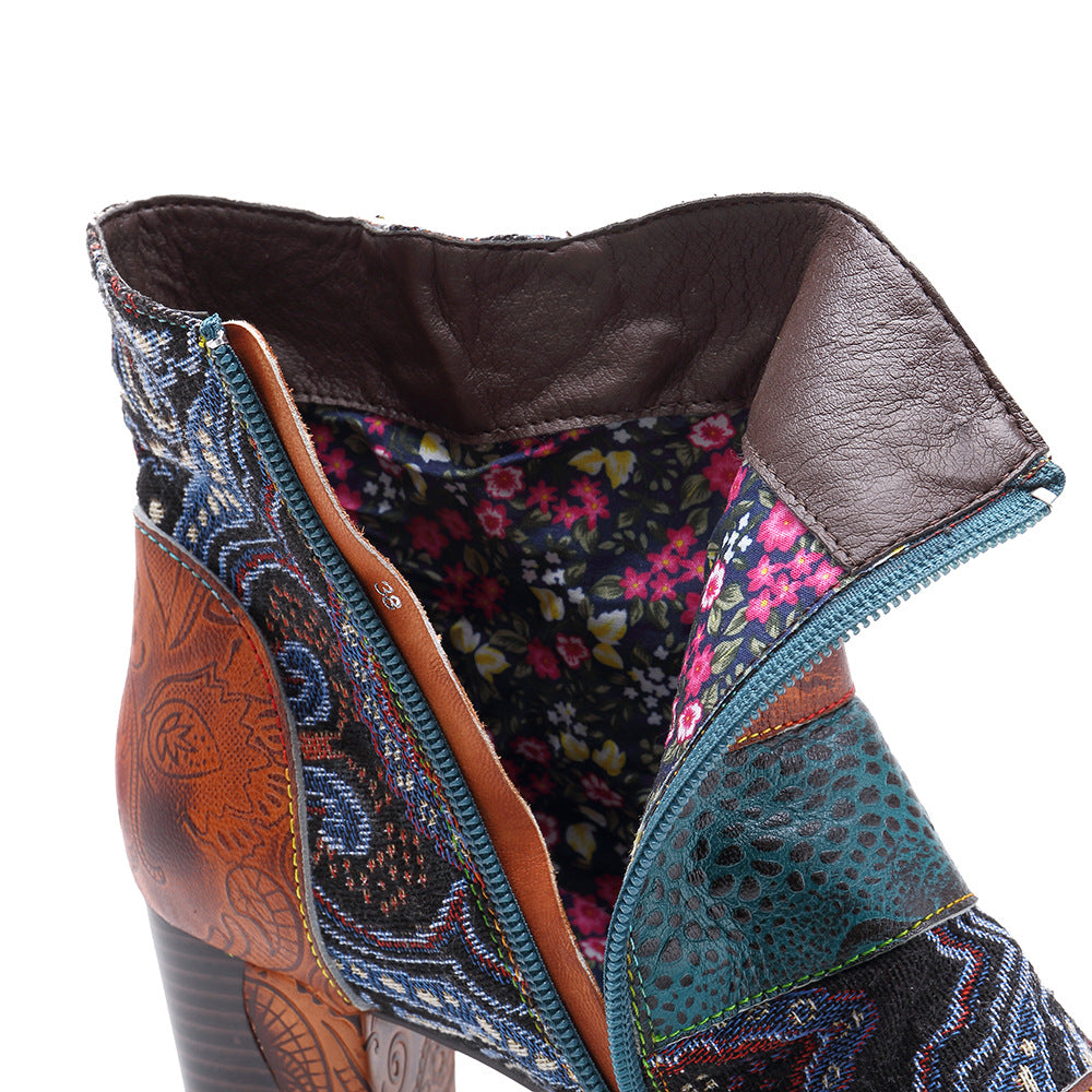 Patchwork boohoo western jacqurard vintage leather ankle boots for women
