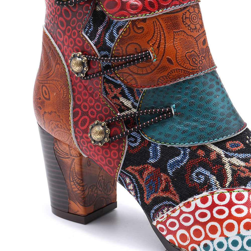 Patchwork boohoo western jacqurard vintage leather ankle boots for women