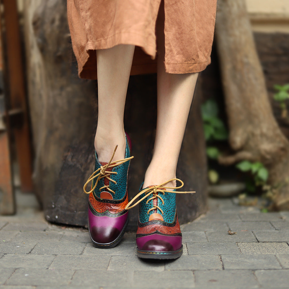 Patchwork leather vintage high heeled lace up brogues & shoes for women