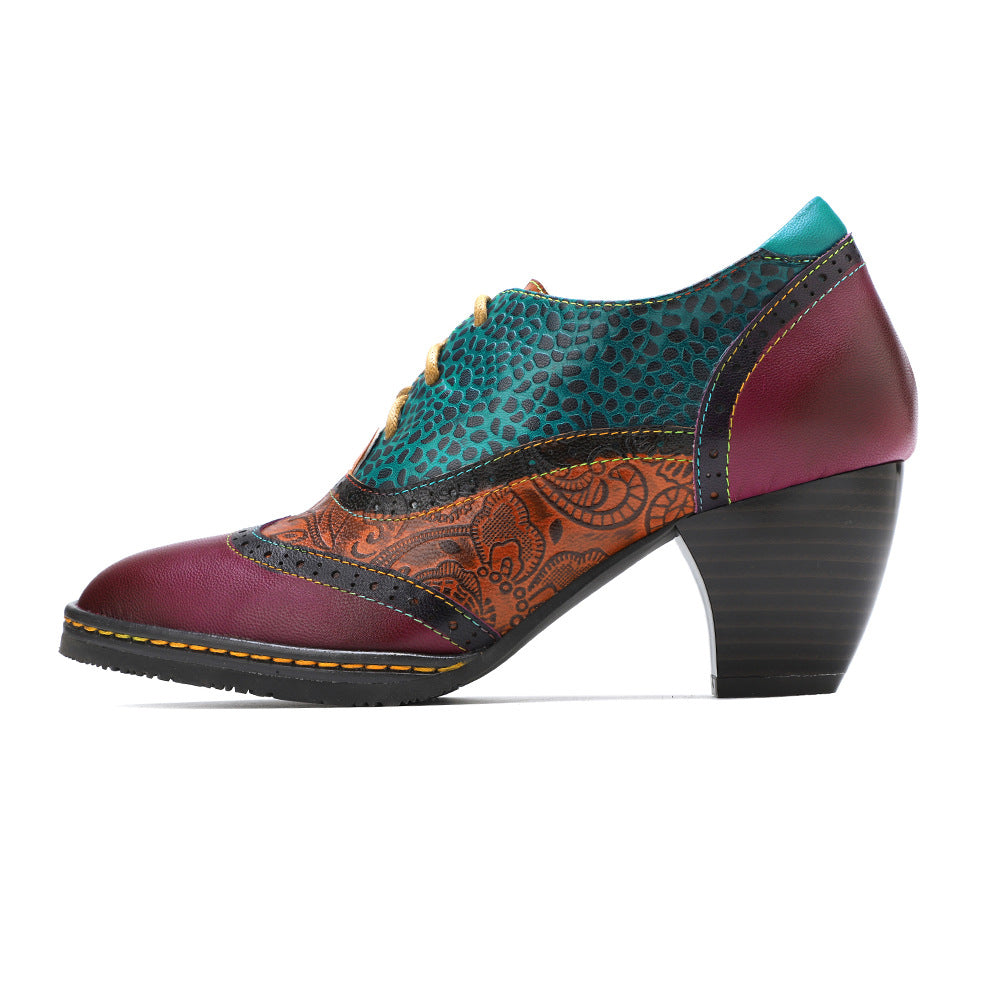 Patchwork leather vintage high heeled lace up brogues & shoes for women