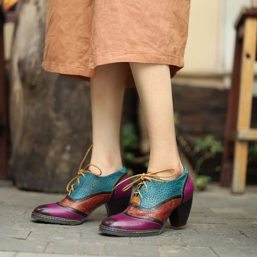 Patchwork leather vintage high heeled lace up brogues & shoes for women