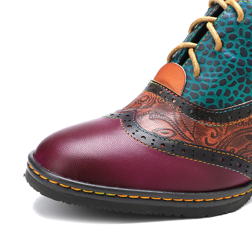 Patchwork leather vintage high heeled lace up brogues & shoes for women