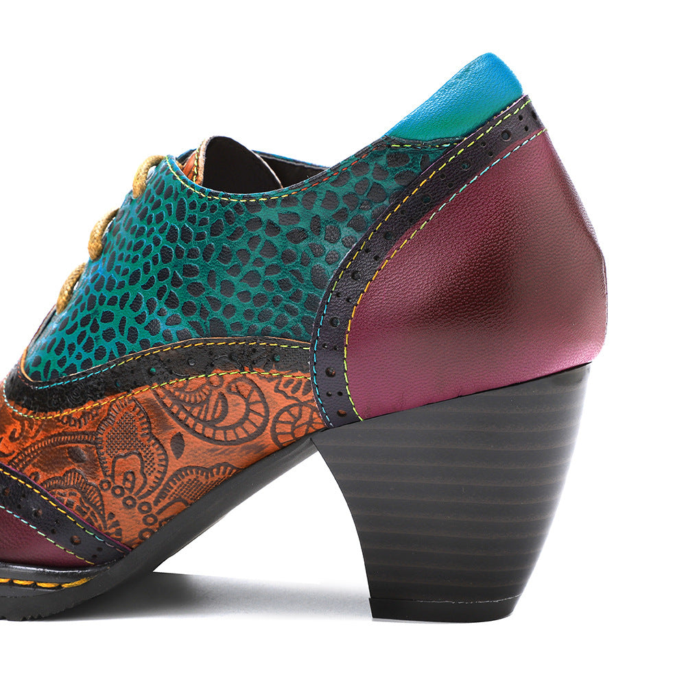 Patchwork leather vintage high heeled lace up brogues & shoes for women