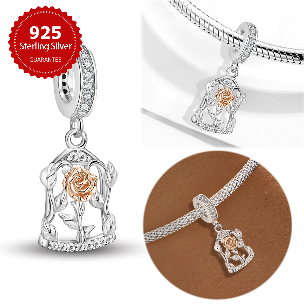 925 Sterling silver rose charm bead
