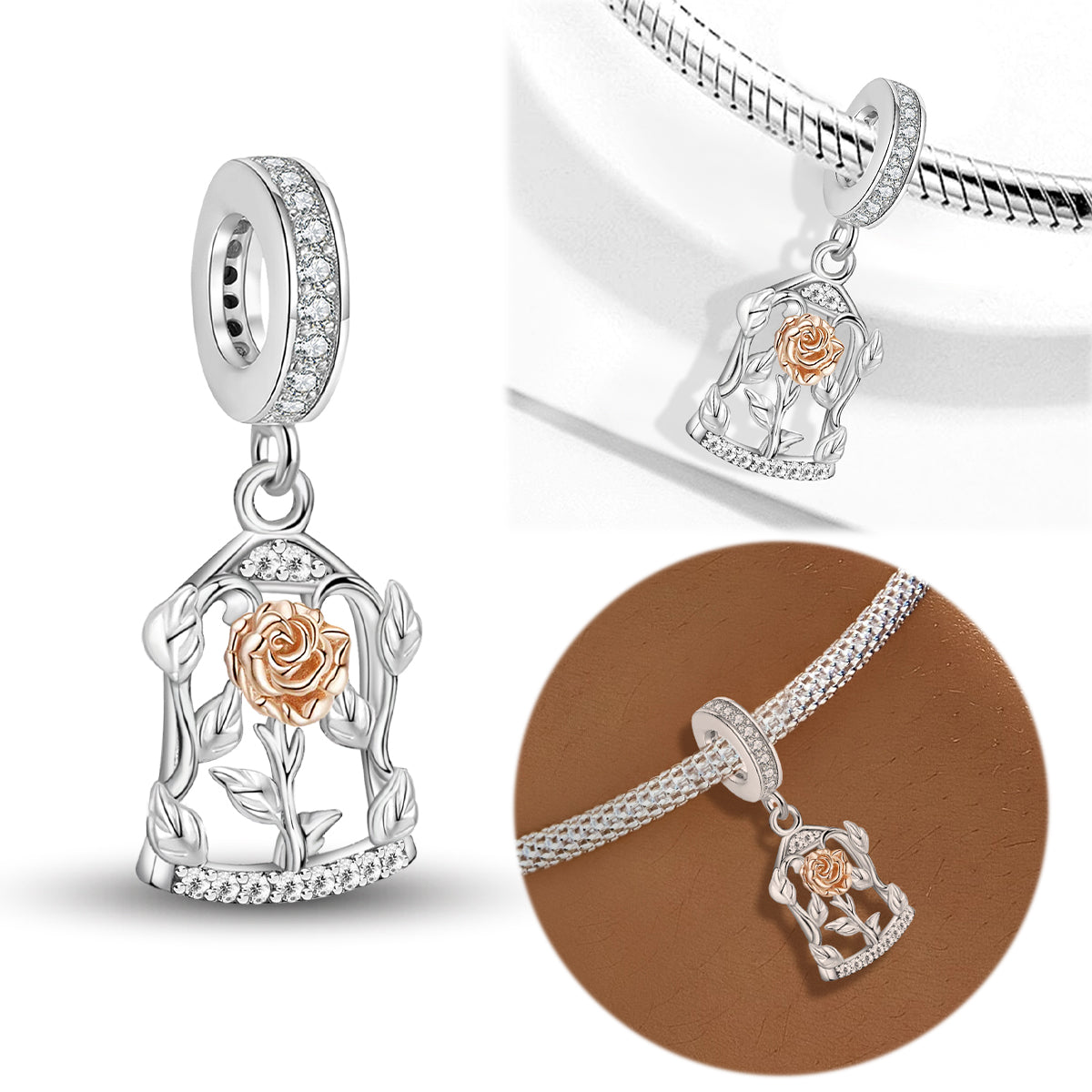 925 Sterling silver rose charm bead