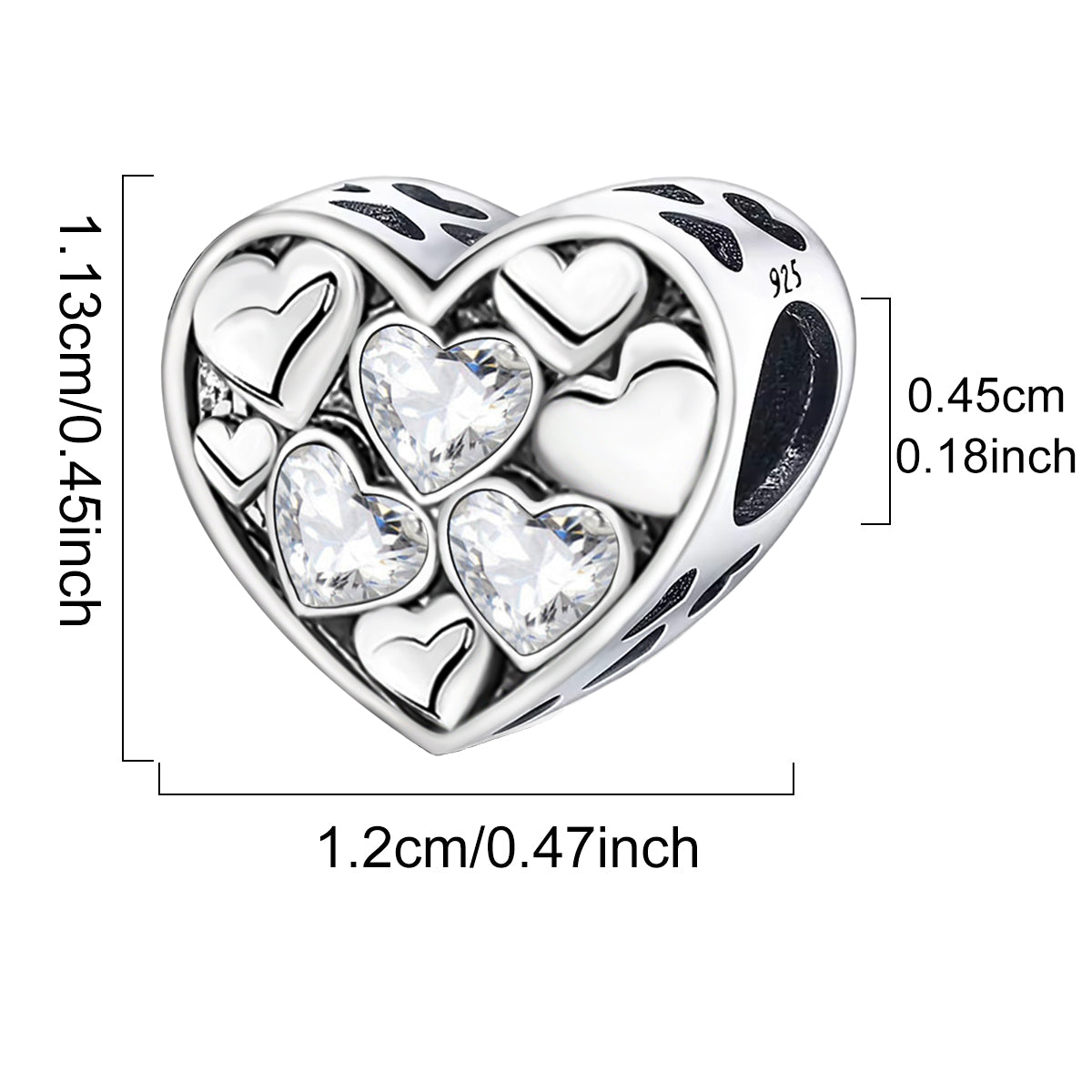 925 Sterling silver heart  charm bead
