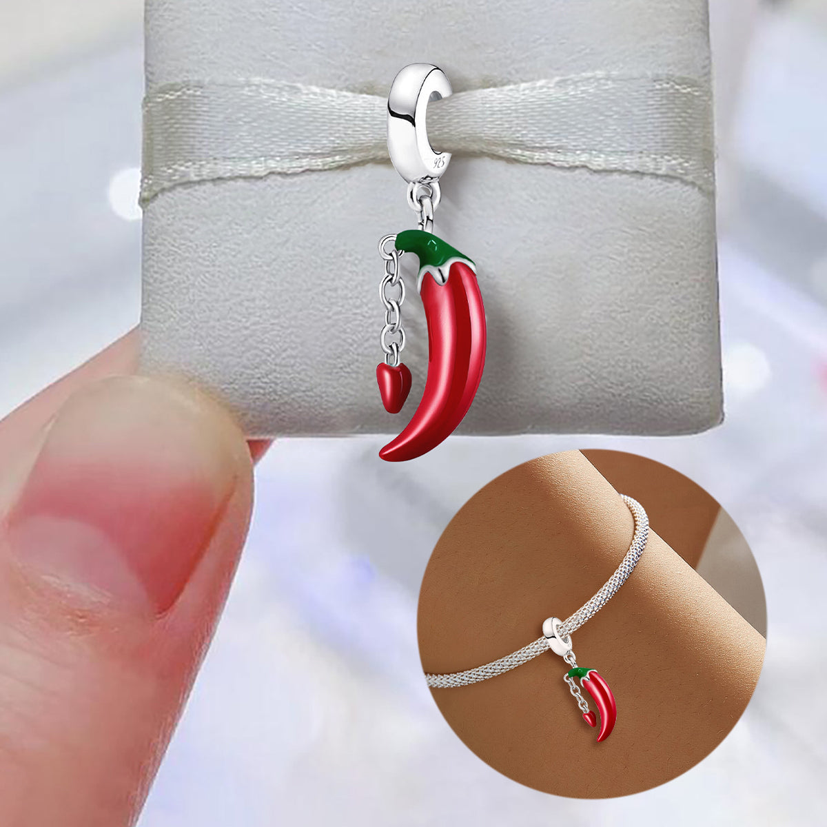 925 Sterling silver chili charm bead