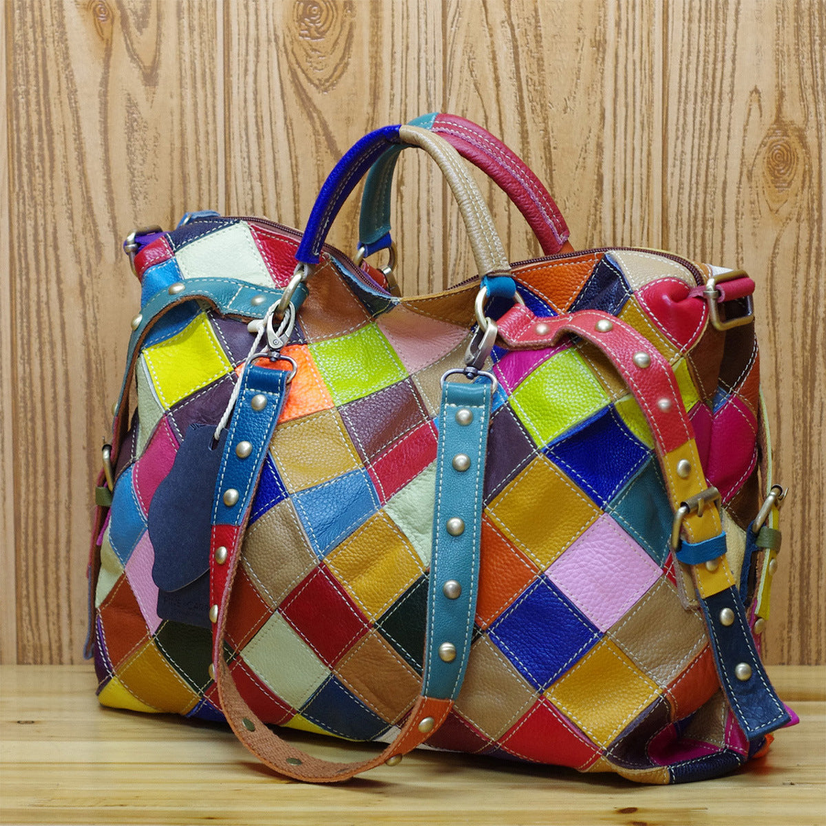 Cowhide leather hobo patchwork tote handbag & multicolor shoulder bag