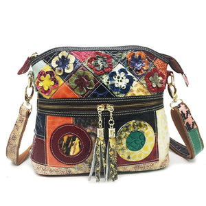 Crossbody patchwork purse & floral leather handbag with tassel and pocket