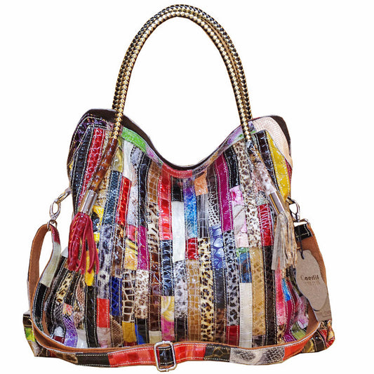 Snake pattern stripe tote handbag & shoulder leather bag with zipper