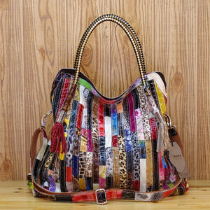 Snake pattern stripe tote handbag & shoulder leather bag with zipper