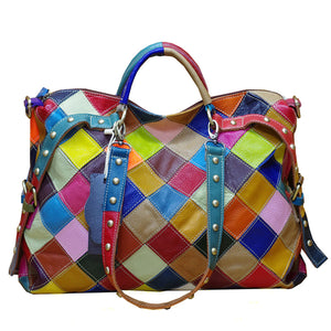 Cowhide leather hobo patchwork tote handbag & multicolor shoulder bag