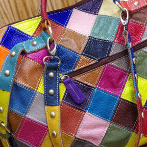 Cowhide leather hobo patchwork tote handbag & multicolor shoulder bag