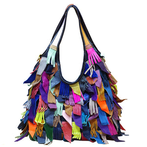 Multicolor genuine leather tassel tote bag & fringed shoulder bag for lady
