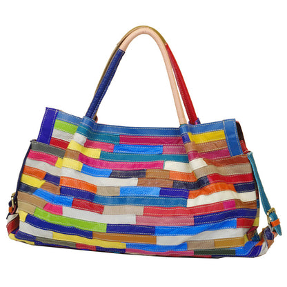 Large splicing striped leather shoulder bag & patch work women tote