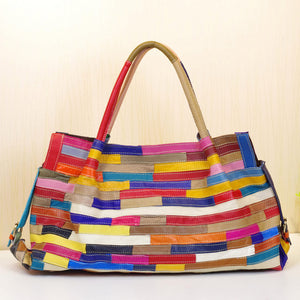 Large splicing striped leather shoulder bag & patch work women tote