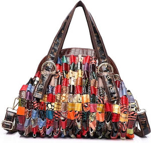 Leather satchel handbag with quiry look & 3D patchwork tote bag for women