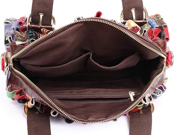 Leather satchel handbag with quiry look & 3D patchwork tote bag for women