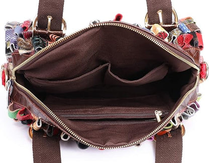 Leather satchel handbag with quiry look & 3D patchwork tote bag for women