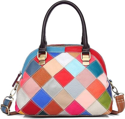 Rainbow patchwork geometric pattern design women casual leather shell bag