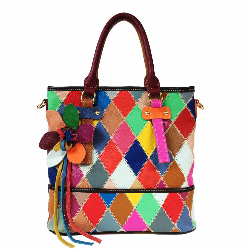 Large BOHO leather plaid tote travel bag purse with strip and zipper