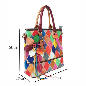 Large BOHO leather plaid tote travel bag purse with strip and zipper