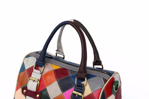 Women's leather patchwork colorful big trave tote bag purse with strip