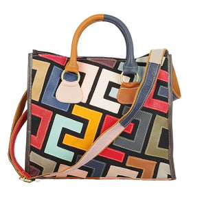 Genuine leather geometric fashion graffiti tote handbag & crossbody bag