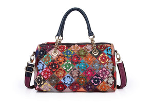Handmade embossed patchwork floral women's leather boston hand & shoulder bag