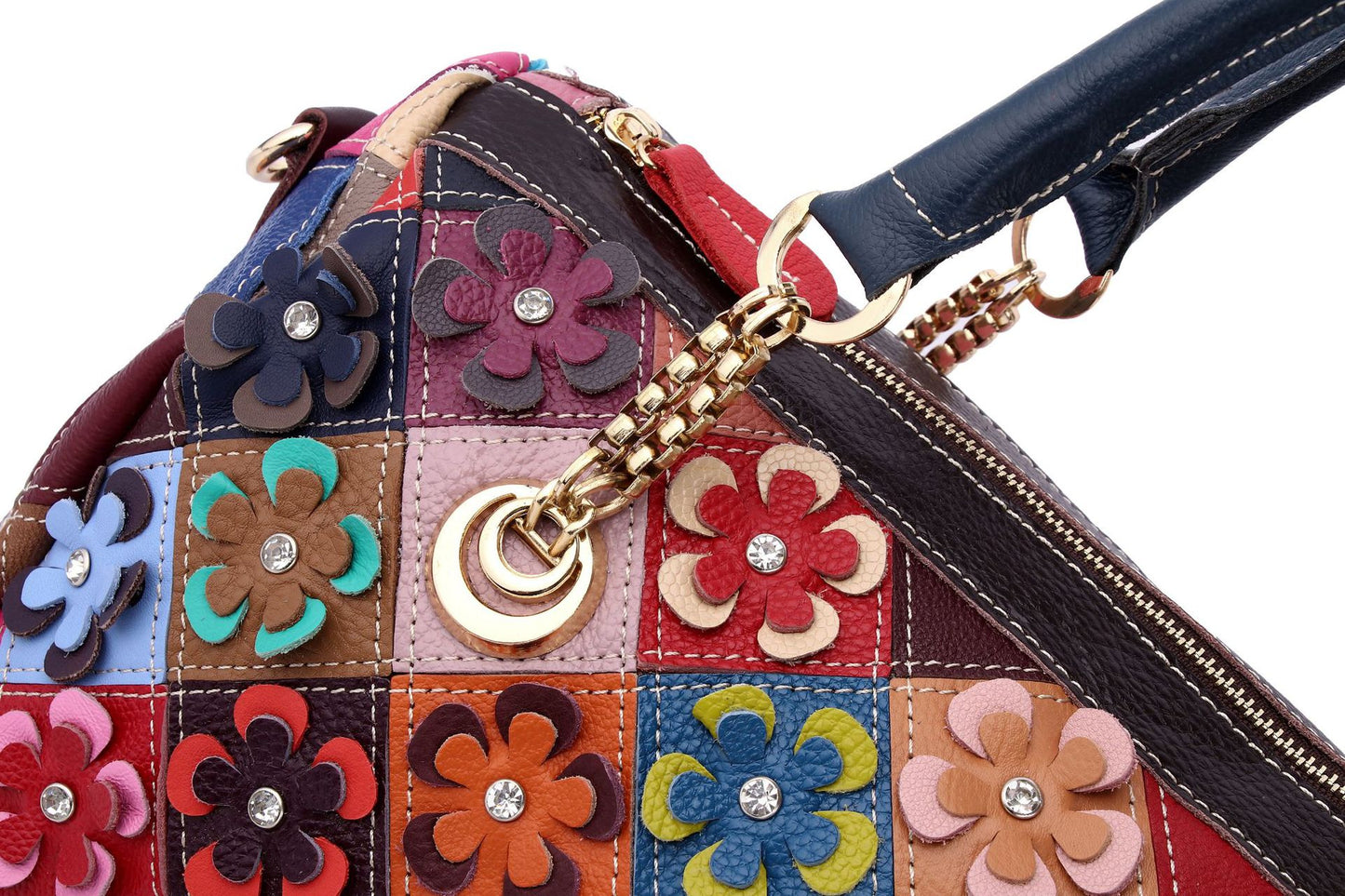 Handmade embossed patchwork floral women's leather boston hand & shoulder bag