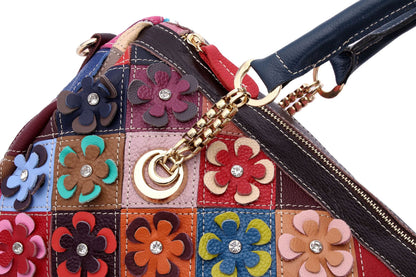 Handmade embossed patchwork floral women's leather boston hand & shoulder bag