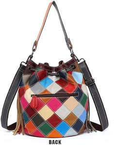 Boho bucket leather crossbody tassel shoulder tote bag purse with fringe