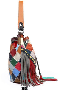 Boho bucket leather crossbody tassel shoulder tote bag purse with fringe