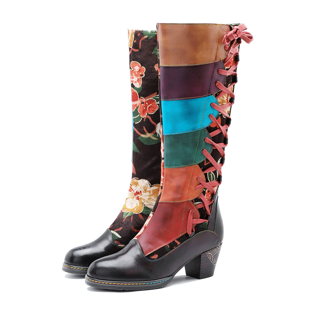 BOHO patchwork lady's high heel & lace winter boots with hand rubbing craft