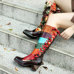 BOHO patchwork lady's high heel & lace winter boots with hand rubbing craft