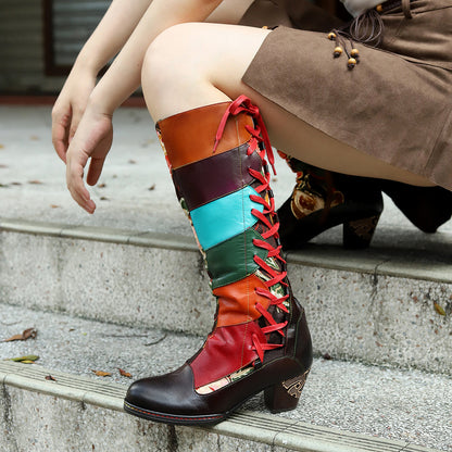 BOHO patchwork lady's high heel & lace winter boots with hand rubbing craft