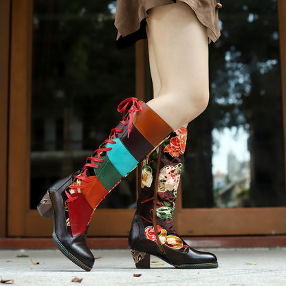 BOHO patchwork lady's high heel & lace winter boots with hand rubbing craft