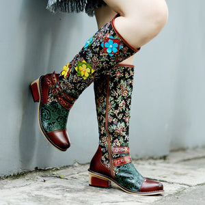 Floral belt buckle thick high heel leather boots knee high for girl & lady